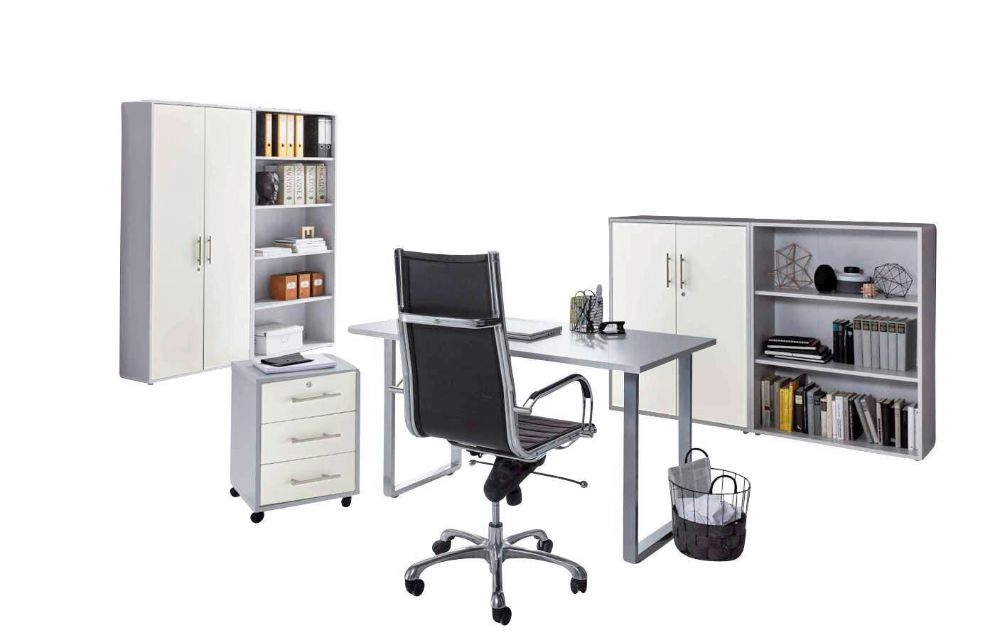 BÜRO erweiterbar, abschließbar Grau, Weiß - Weiß/Grau, MODERN, Holzwerkstoff/Metall - MID.YOU