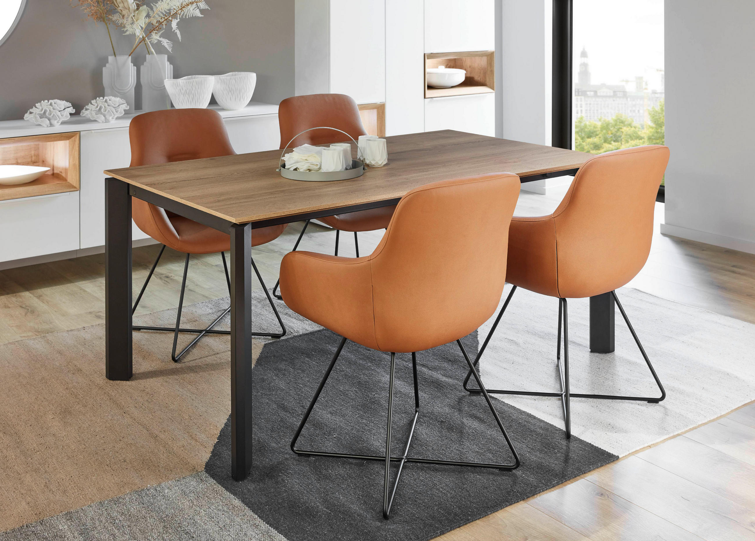 ESSTISCH in Metall, Holzwerkstoff 200-300/95/76 cm  - Eichefarben/Schwarz, Basics, Holzwerkstoff/Metall (200-300/95/76cm) - Celina Home
