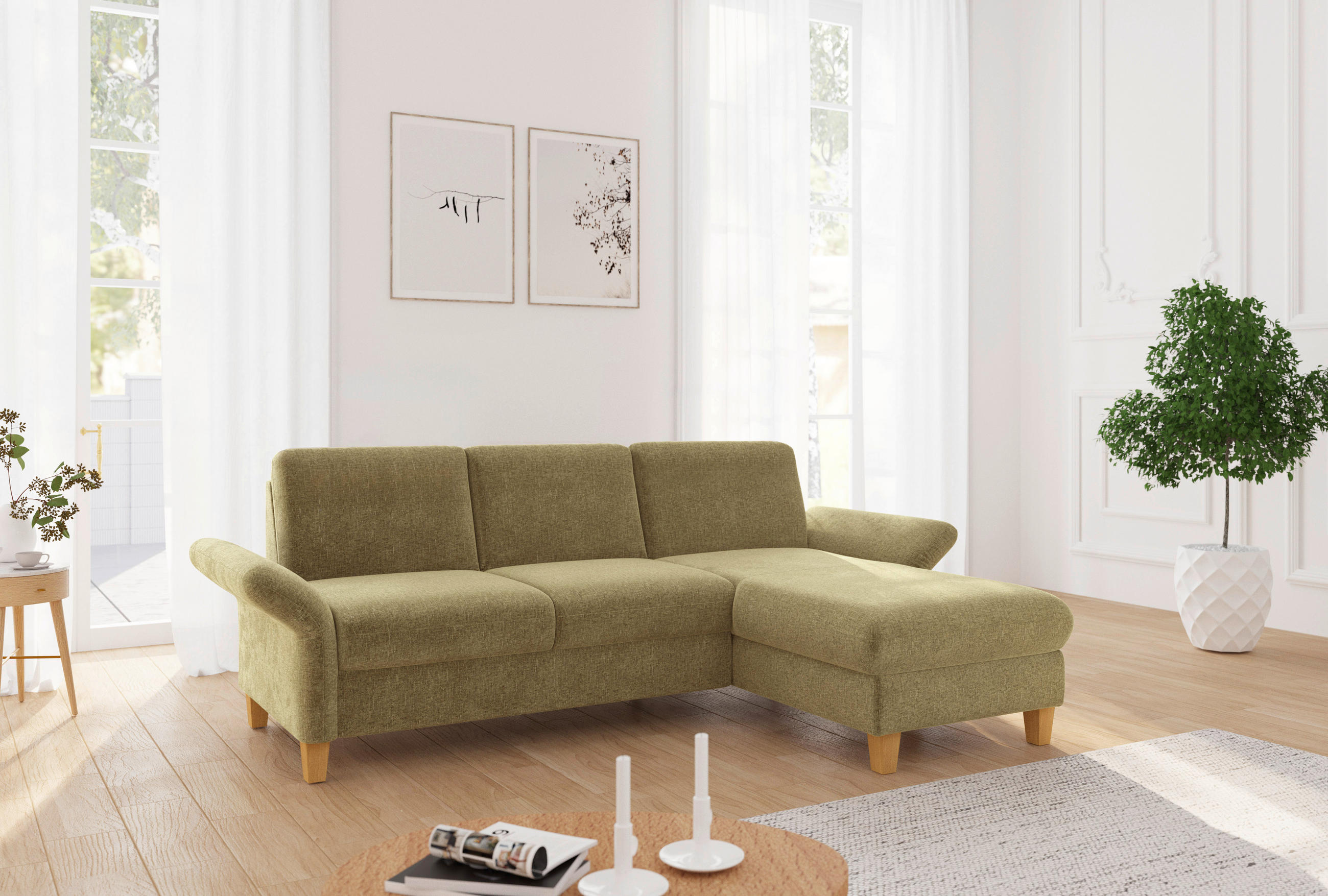 ECKSOFA ROCHELLE E Olivgrün Flachgewebe  - Eichefarben/Olivgrün, KONVENTIONELL, Holz/Textil (251/164cm) - Sit & More