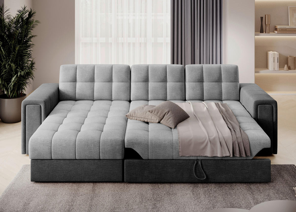 ECKSOFA Samt Hellgrau, Dunkelgrau  - Dunkelgrau/Hellgrau, Design, Kunststoff/Textil (260/150cm) - MID.YOU