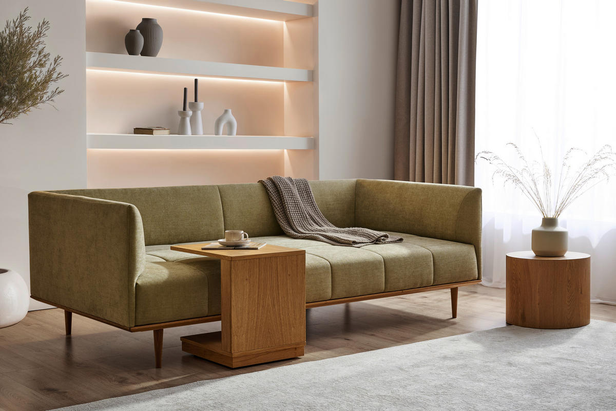 BIGSOFA  in Flachgewebe Grün  - Eichefarben/Grün, Design, Holz/Textil (220/77/120cm) - Joka