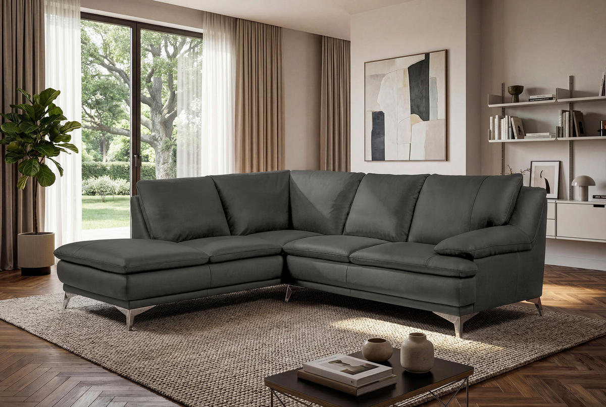 ECKSOFA Dunkelgrün Echtleder  - Chromfarben/Dunkelgrün, Design, Leder/Metall (224/252cm) - Novel