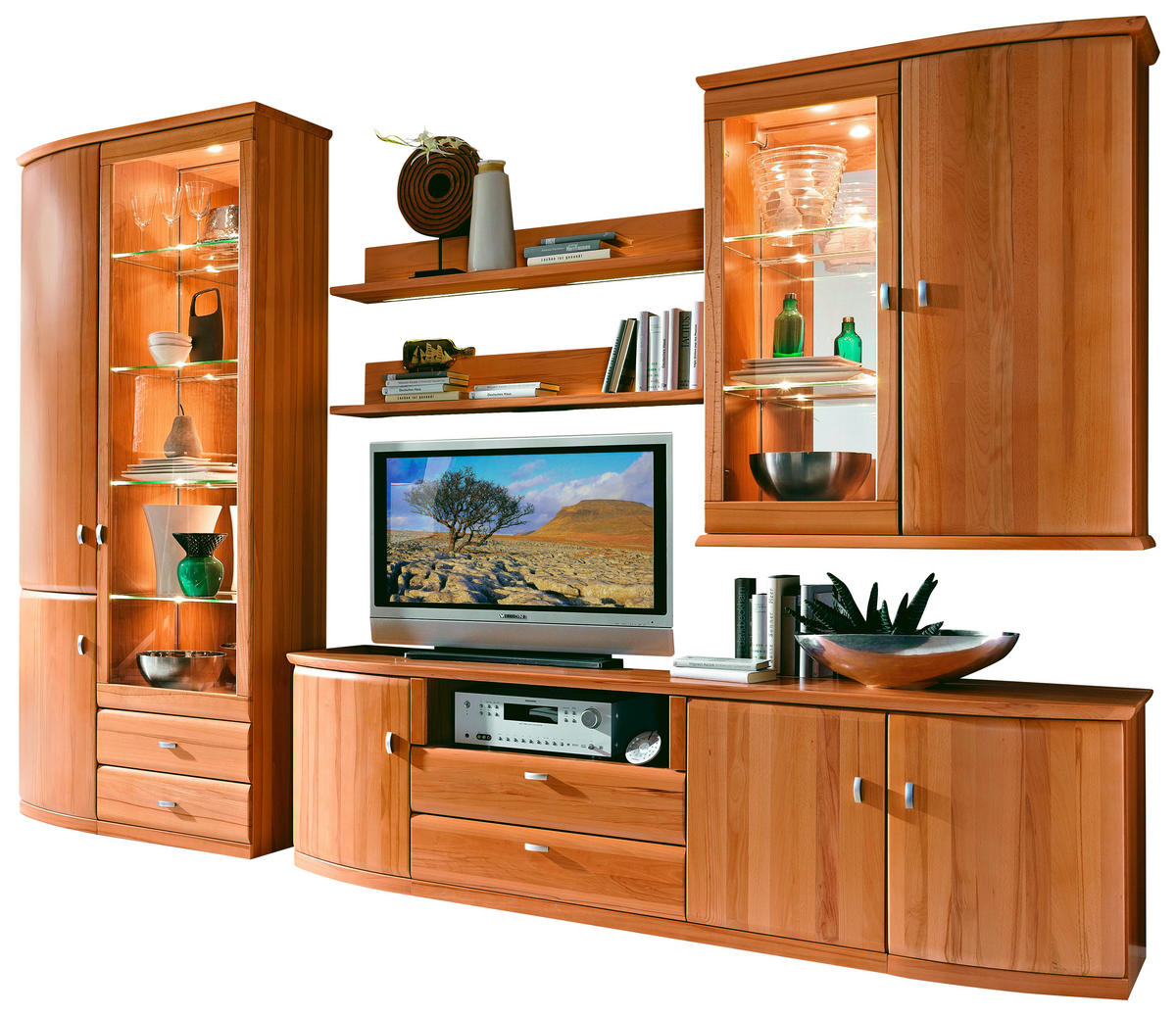 WOHNWAND  in Buchefarben  330/218,7/49,7 cm  - Edelstahlfarben/Buchefarben, KONVENTIONELL, Glas/Holz (330/218,7/49,7cm) - Invivus