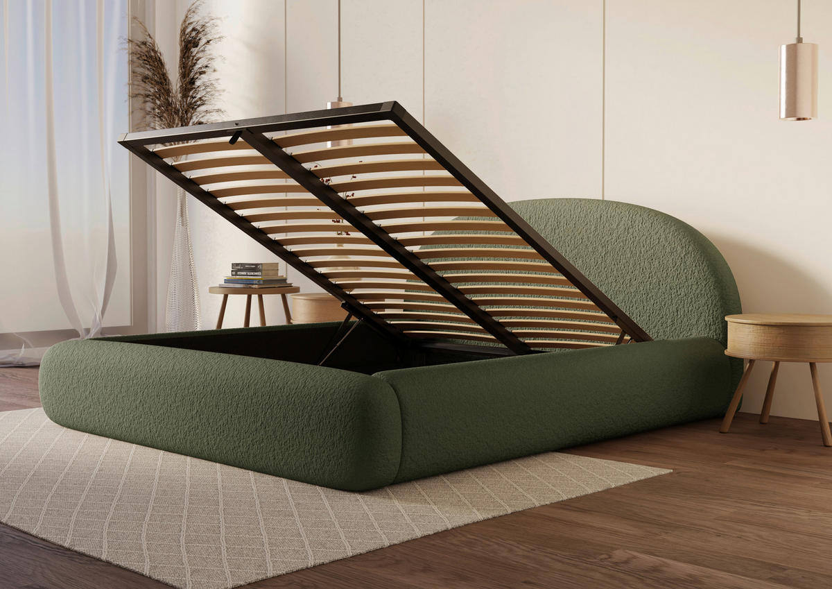 POLSTERBETT 160/200 cm,  in Grün, gepolstertes Kopfteil, Lattenrost, Bettkasten,  - Schwarz/Grün, Design, Holz/Textil (160/200cm) - Chameo