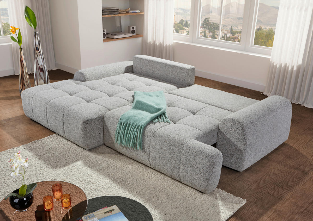Ecksofa mit Funktion Greige Flachgewebe Zierkissen, Rückenkissen, Bettkasten, Schlaffunktion, Rücken echt, Liegefläche im Originalstoff  - Greige/Schwarz, KONVENTIONELL, Kunststoff/Textil (190/277cm) - Carryhome