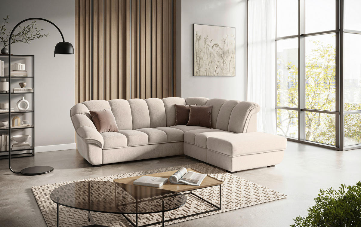 ECKSOFA Naturfarben Chenille Bettkasten, Schlaffunktion, Rücken echt  - Schwarz/Naturfarben, KONVENTIONELL, Kunststoff/Textil (260/88/222cm) - Welnova