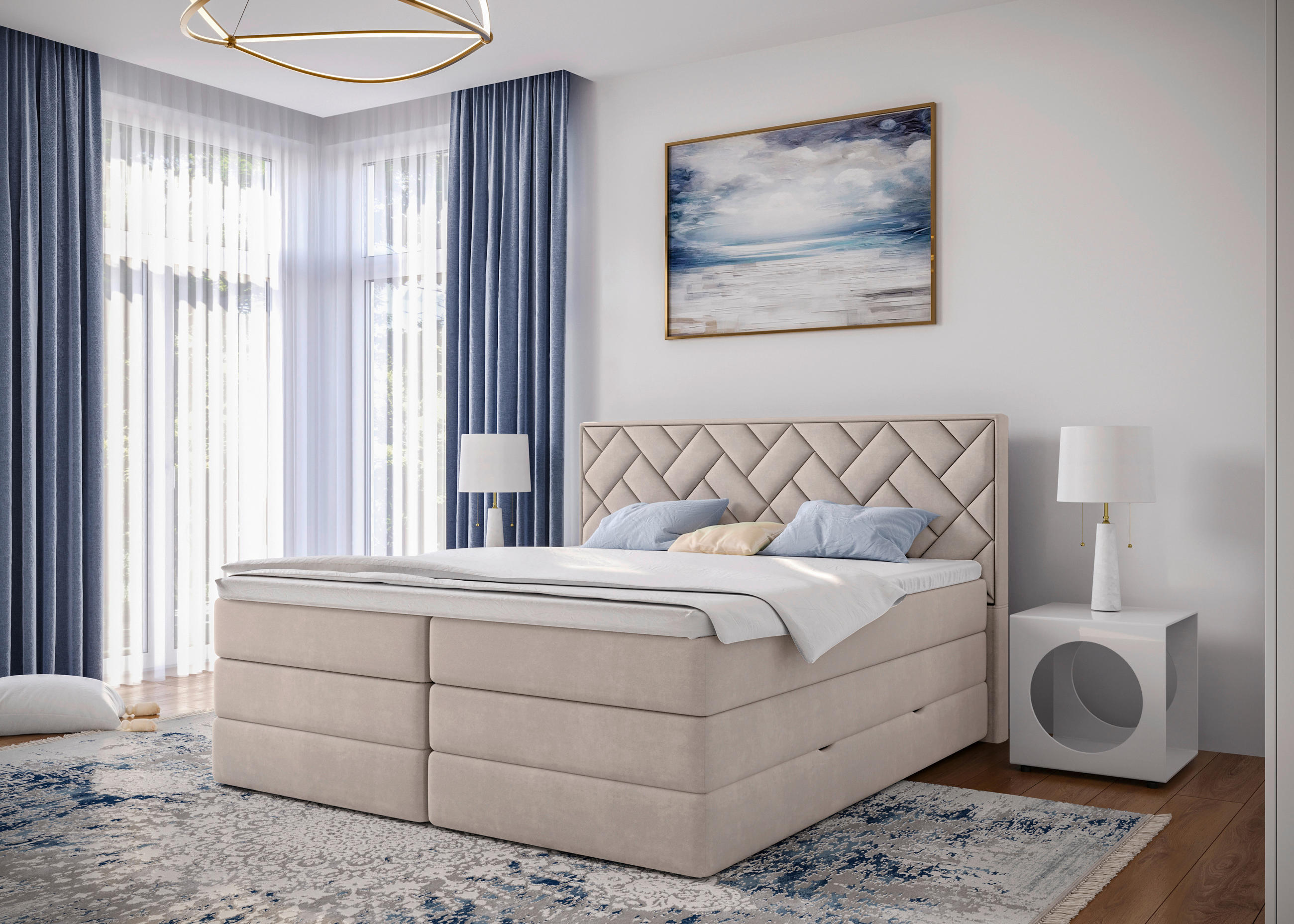 BOXSPRINGBETT 180/200 cm,  in Beige, Bettkasten, Topper, H2 + H3 = mittel + fest  - Beige/Schwarz, Modern, Holzwerkstoff/Kunststoff (180/200cm) - Livetastic