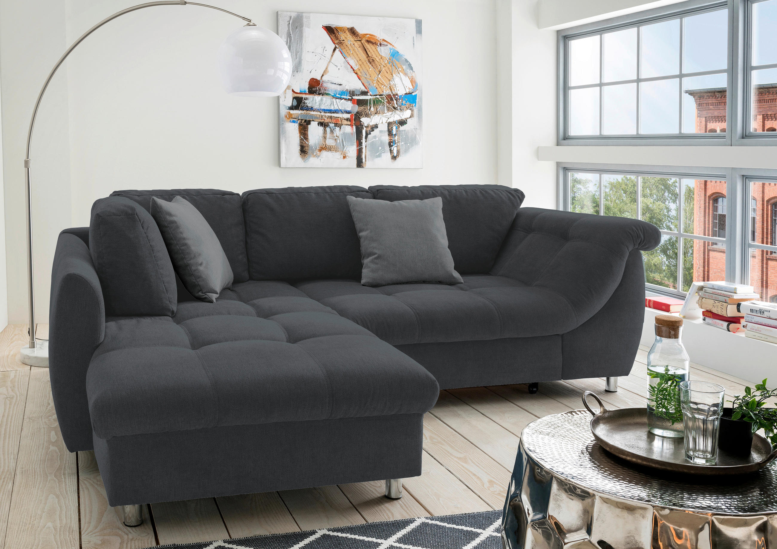 HÖRNBÄDDSOFFA i textil svart  - kromfärg/svart, Modern, metall/textil (190/250cm) - Livetastic
