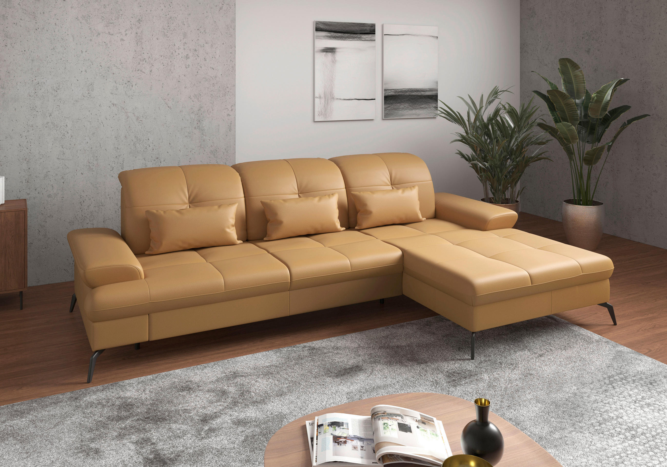 ECKSOFA in Echtleder Currygelb  279/185 cm  - Currygelb/Schwarz, KONVENTIONELL, Leder/Metall (279/185cm) - Sit & More
