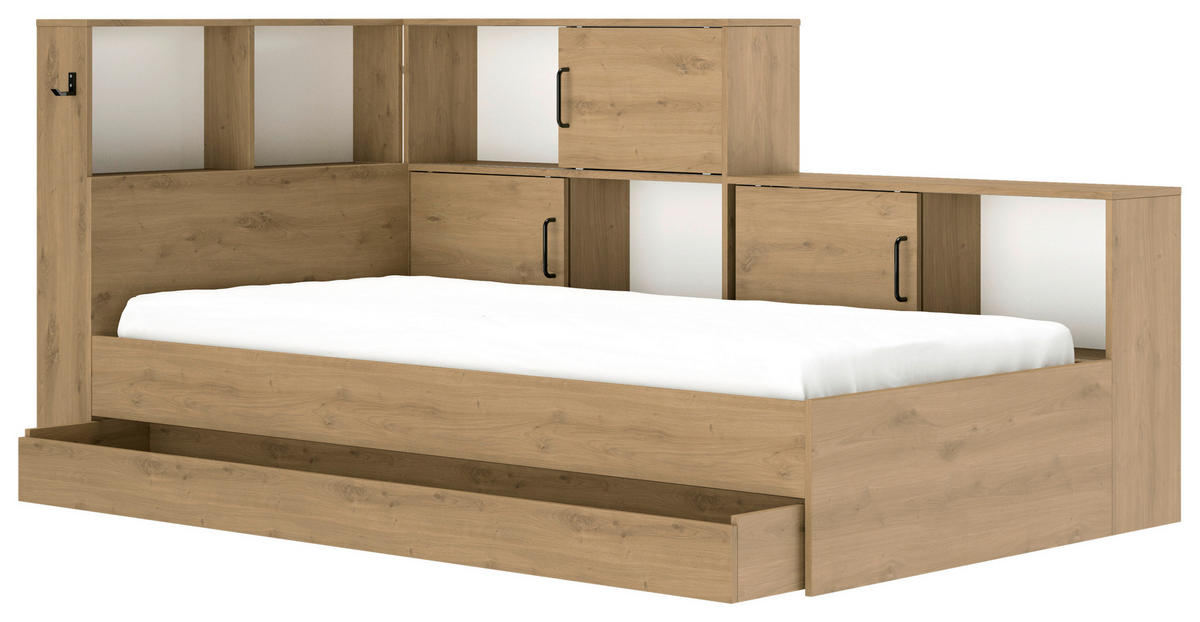 STAURAUMBETT 90/200 cm  in Weiß, Eiche Artisan  - Eiche Artisan/Weiß, MODERN, Holzwerkstoff (90/200cm) - MID.YOU