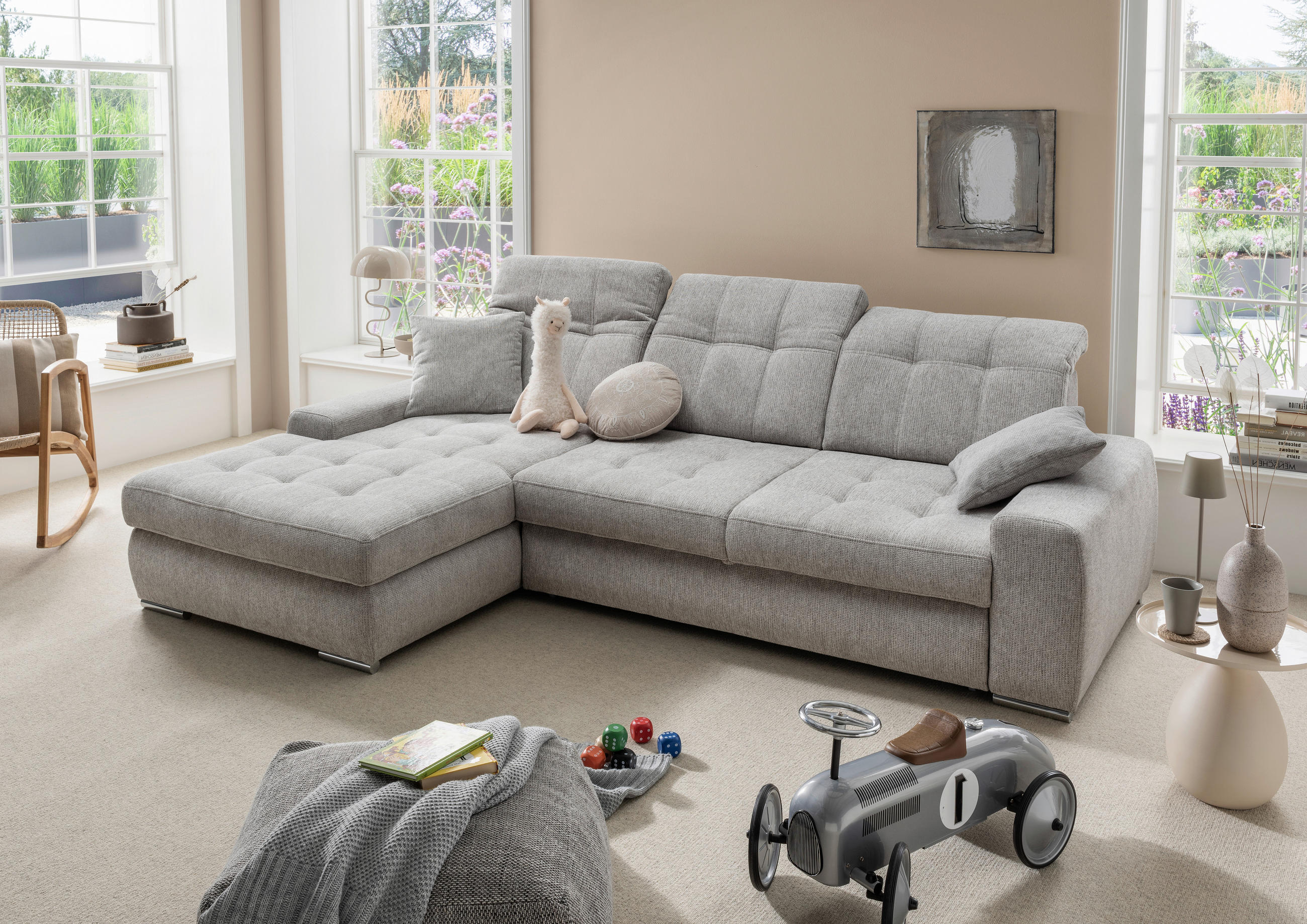 ECKSOFA FRIDO Grau Chenille Rücken echt, Kopfteilverstellung, Sitztiefenverstellung  - Chromfarben/Grau, KONVENTIONELL, Textil/Metall (186/283cm) - Livetastic