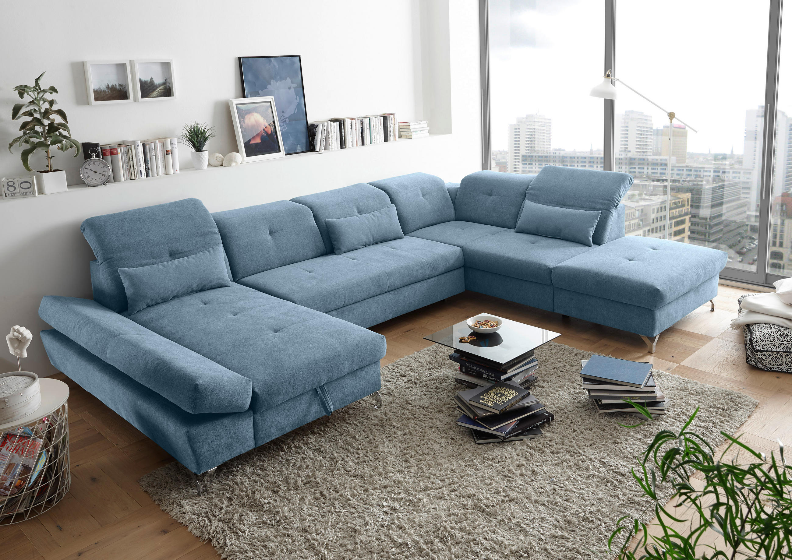 WOHNLANDSCHAFT Blau Mikrovelours  - Blau/Silberfarben, MODERN, Textil/Metall (168/350/245cm) - MID.YOU