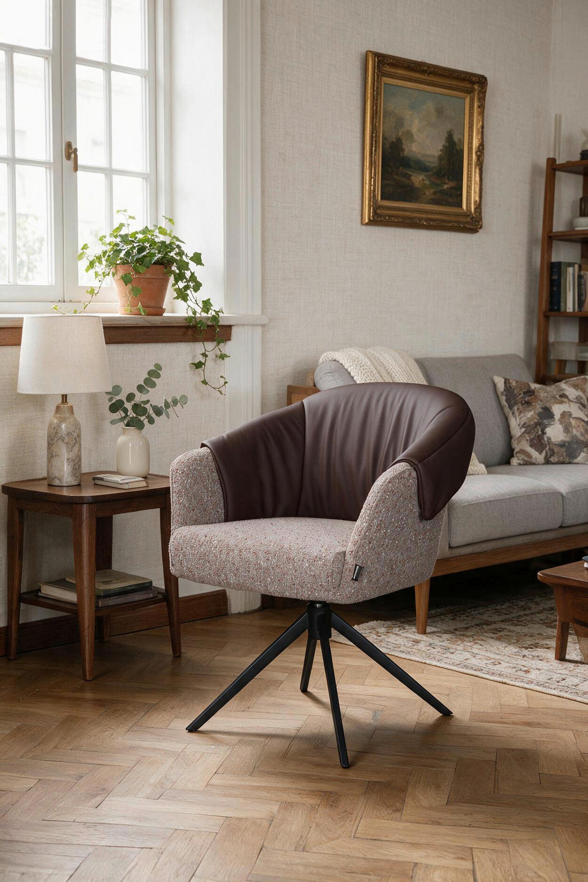 ARMLEHNSTUHL  Sitzfläche 360° drehbar, automatische Rückholfunktion Leinenoptik Echtleder  Braun, Schwarz  - Schwarz/Braun, Design, Leder/Textil (68,5/83/65,5cm) - Carryhome