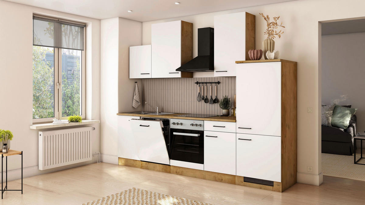 KÜCHENBLOCK 280 cm  in Eichefarben, Magnolie  - Eichefarben/Magnolie, Trend, Holzwerkstoff/Metall (280cm) - FlexWell