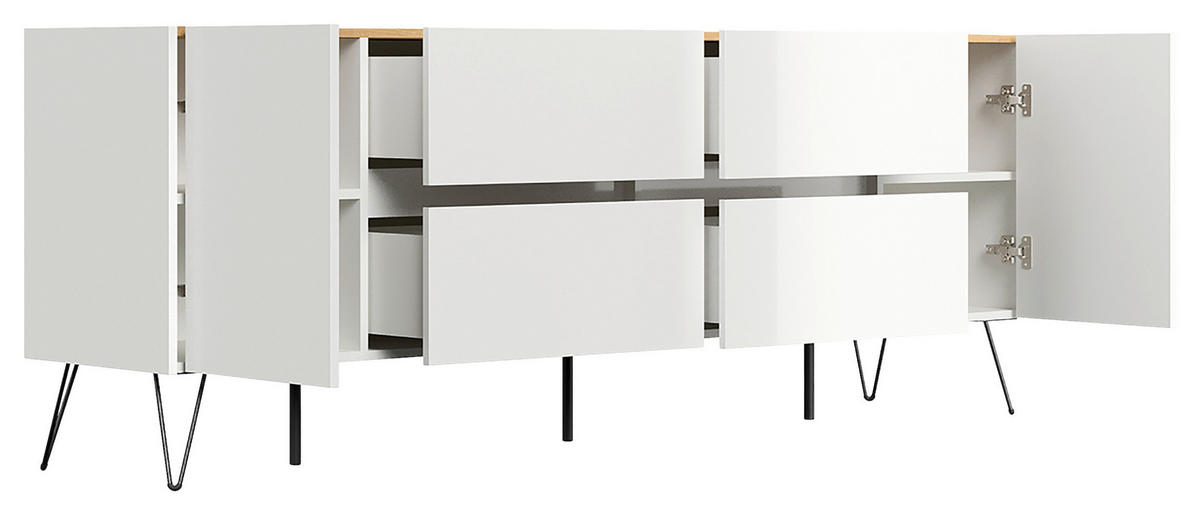 SIDEBOARD Posseik Industrial 199/75,8/42 cm 4 Schublade(n)  - Weiß Hochglanz/Eichefarben, Design, Holzwerkstoff/Metall (199/75,8/42cm) - MID.YOU