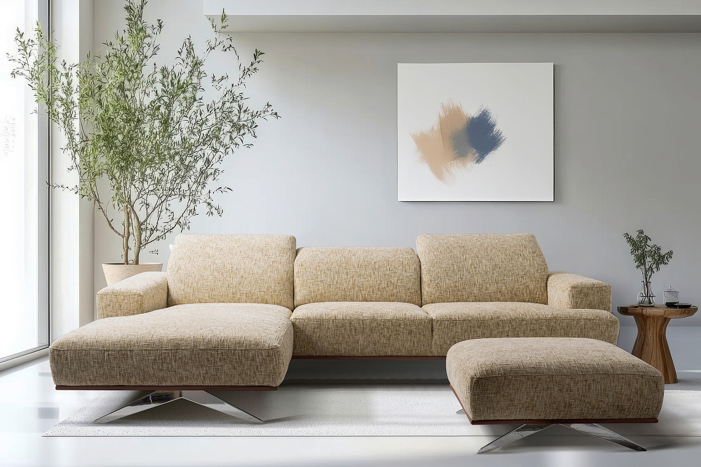 ECKSOFA PORTLAND Hellbraun Struktur Kopfteilverstellung  - Chromfarben/Hellbraun, Design, Holz/Textil (187/295cm) - Livetastic