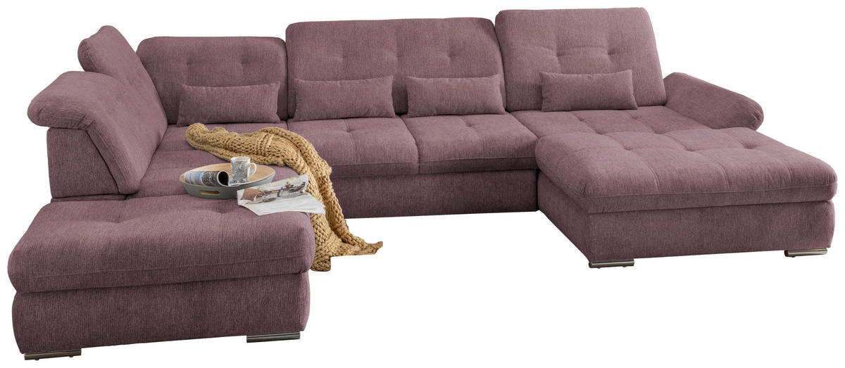 WOHNLANDSCHAFT Brombeere Chenille  - Chromfarben/Brombeere, Design, Textil/Metall (254/376/195cm) - Livetastic