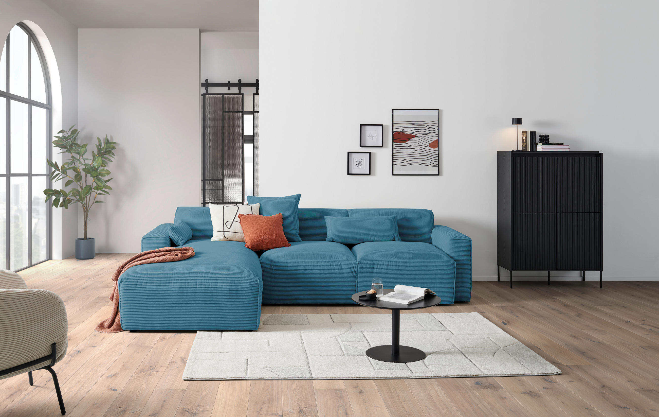 ECKSOFA in Cord Hellblau  - Schwarz/Hellblau, Design, Kunststoff/Textil (196/303cm) - Livetastic