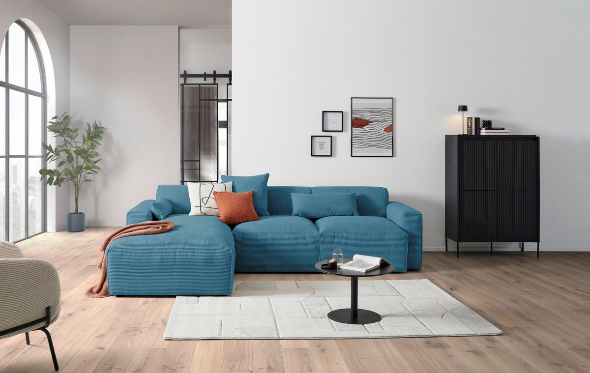 ECKSOFA in Cord Hellblau  - Schwarz/Hellblau, Design, Kunststoff/Textil (196/303cm) - Livetastic