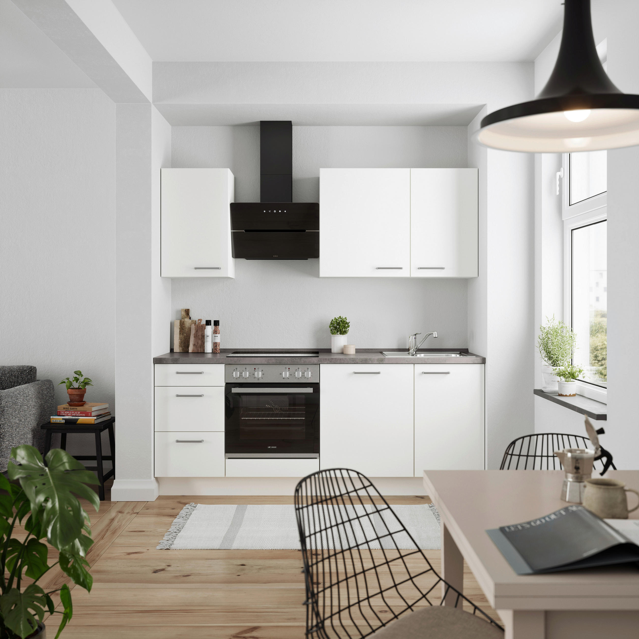 BUCĂTĂRIE FĂRĂ ELECTROCASNICE  - alb/culoare inox, Modern, metal/material pe bază de lemn (210cm) - Nobilia