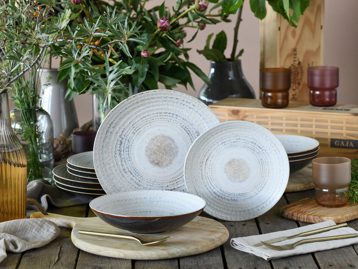 TAFELSERVICE Braun, Creme Neapel Offwhite 12-teilig  - Creme/Braun, Basics, Keramik - Creatable