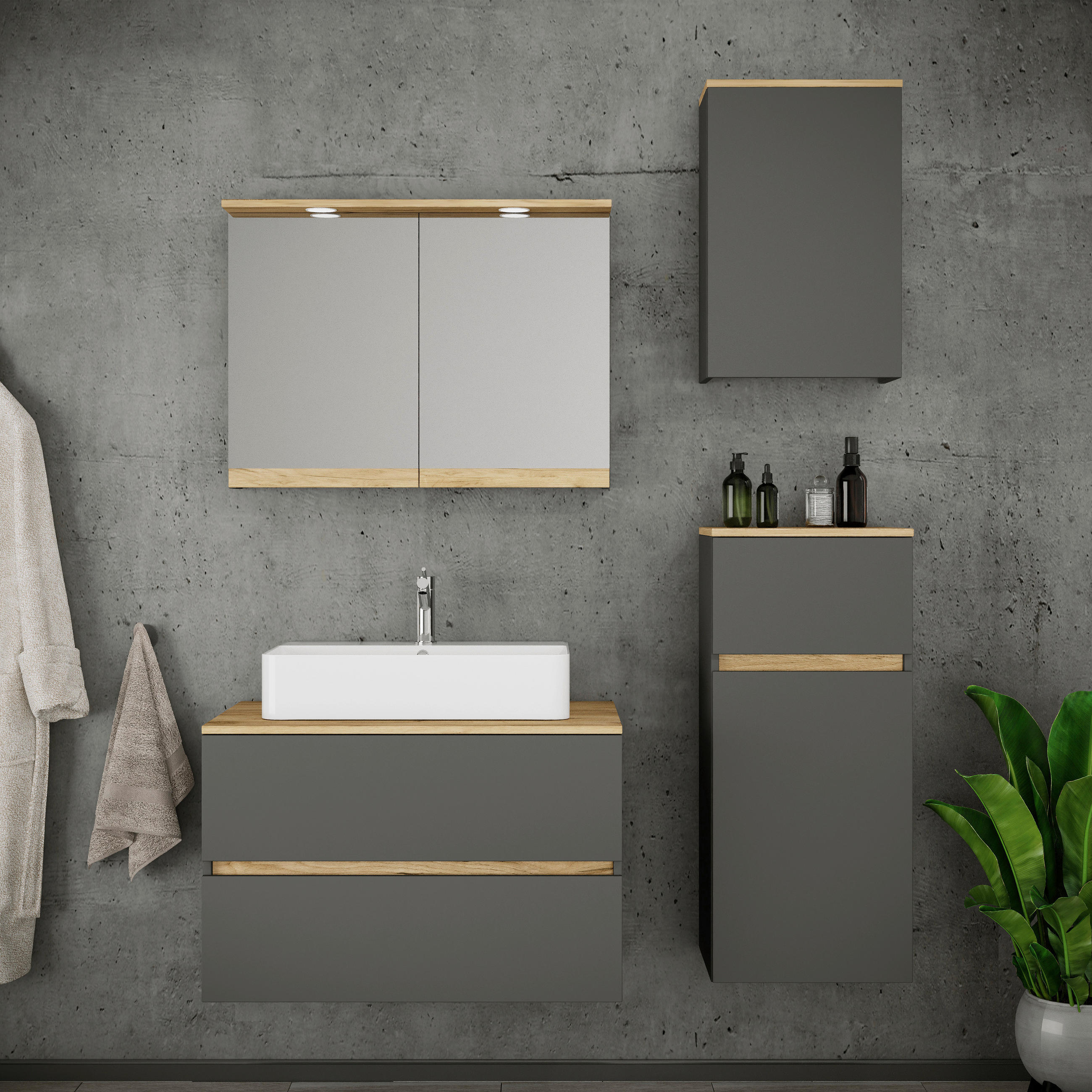 BADEZIMMER 5-teilig  in 120 cm  - Honigeiche/Anthrazit, Trend, Keramik/Holzwerkstoff (120cm) - MID.YOU