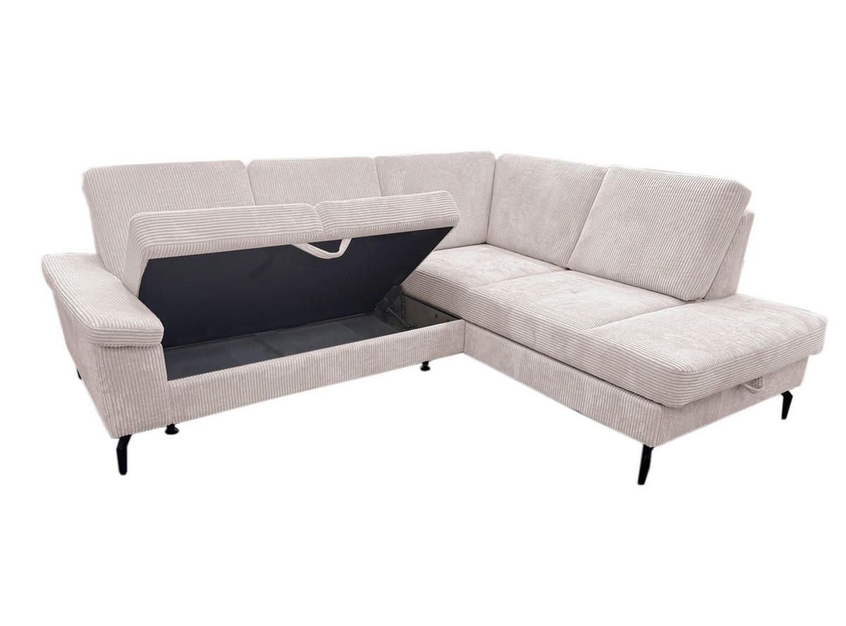 ECKSOFA inkl. Funktionen Creme Velours Bettkasten, Sitzvorzug  - Creme/Schwarz, KONVENTIONELL, Textil/Metall (253/206cm) - Venda