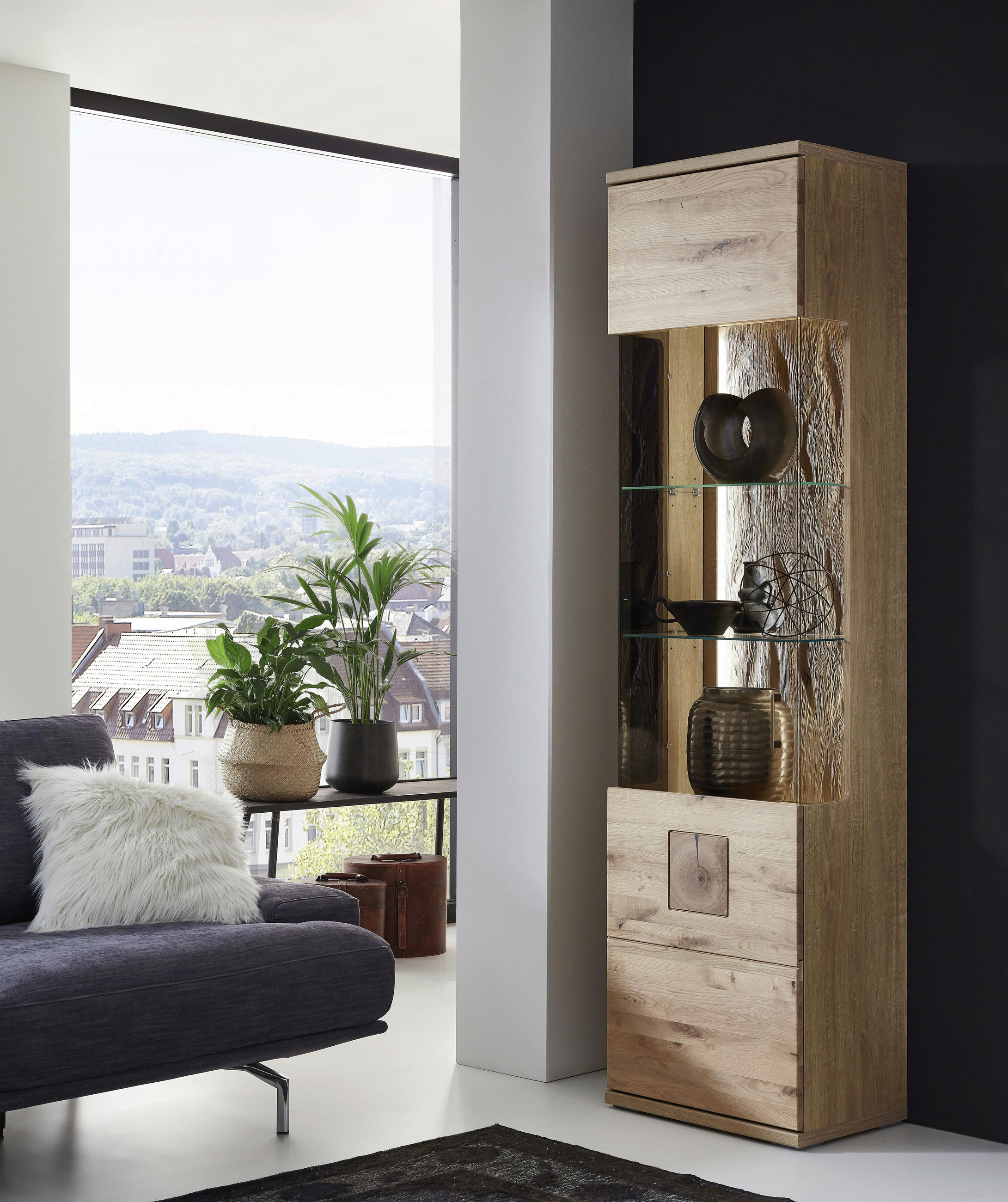 VITRINE in massiv Eiche Alteiche  - Alteiche/Silberfarben, KONVENTIONELL, Glas/Holz (55/208,6/37,4cm) - Livetastic