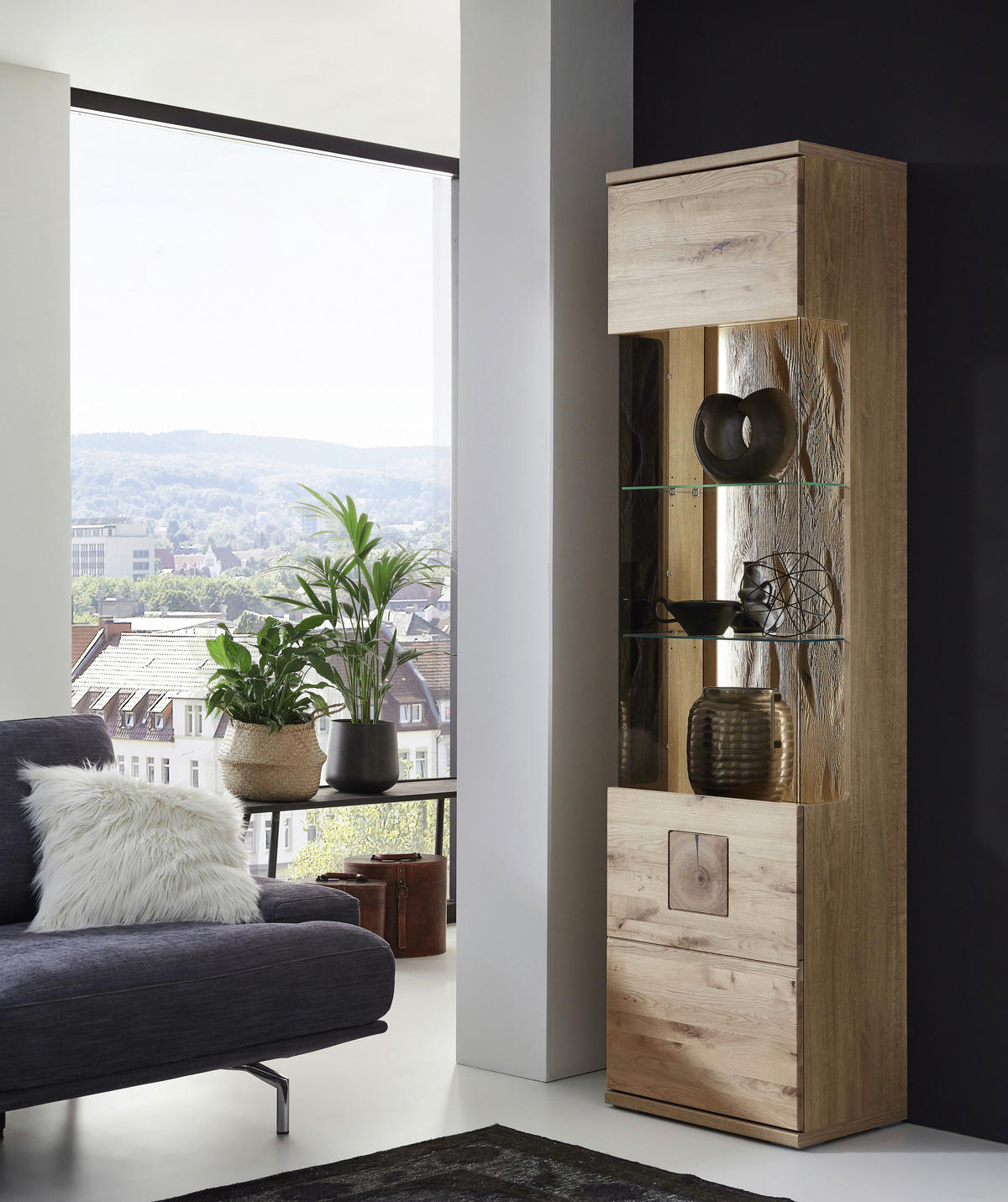 VITRINE in massiv Eiche Alteiche  - Alteiche/Silberfarben, Konventionell, Glas/Holz (55/208,6/37,4cm) - Livetastic