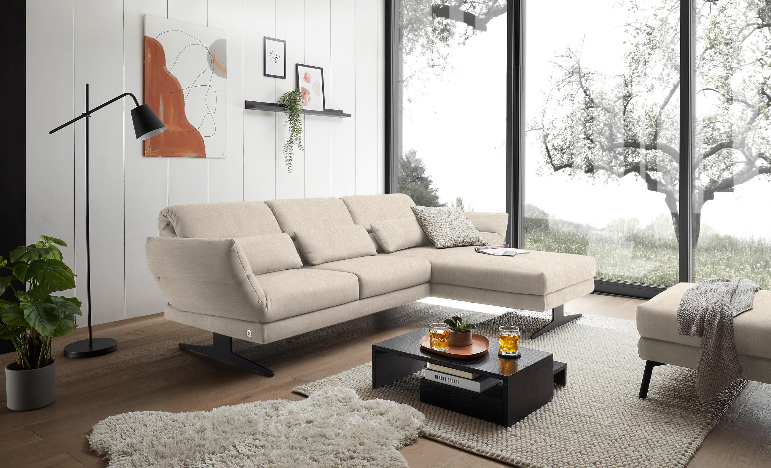 ECKSOFA in Flachgewebe Magnolie  - Magnolie/Schwarz, Design, Textil/Metall (279-327/176-217cm) - Dieter Knoll