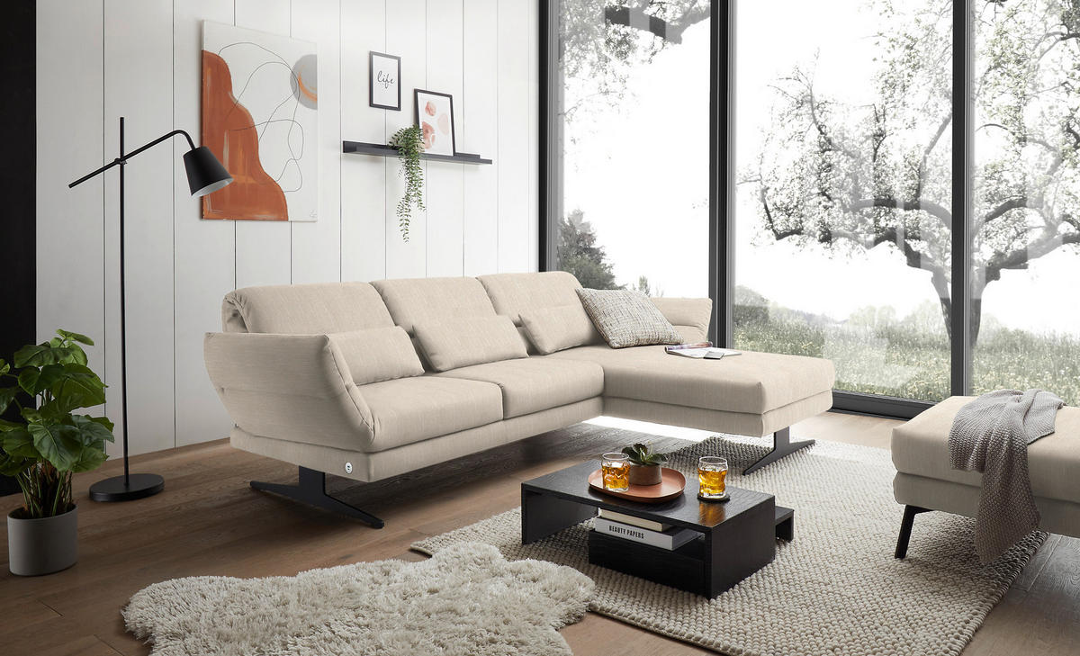 ECKSOFA in Flachgewebe Magnolie  - Magnolie/Schwarz, Design, Textil/Metall (279-327/176-217cm) - Dieter Knoll