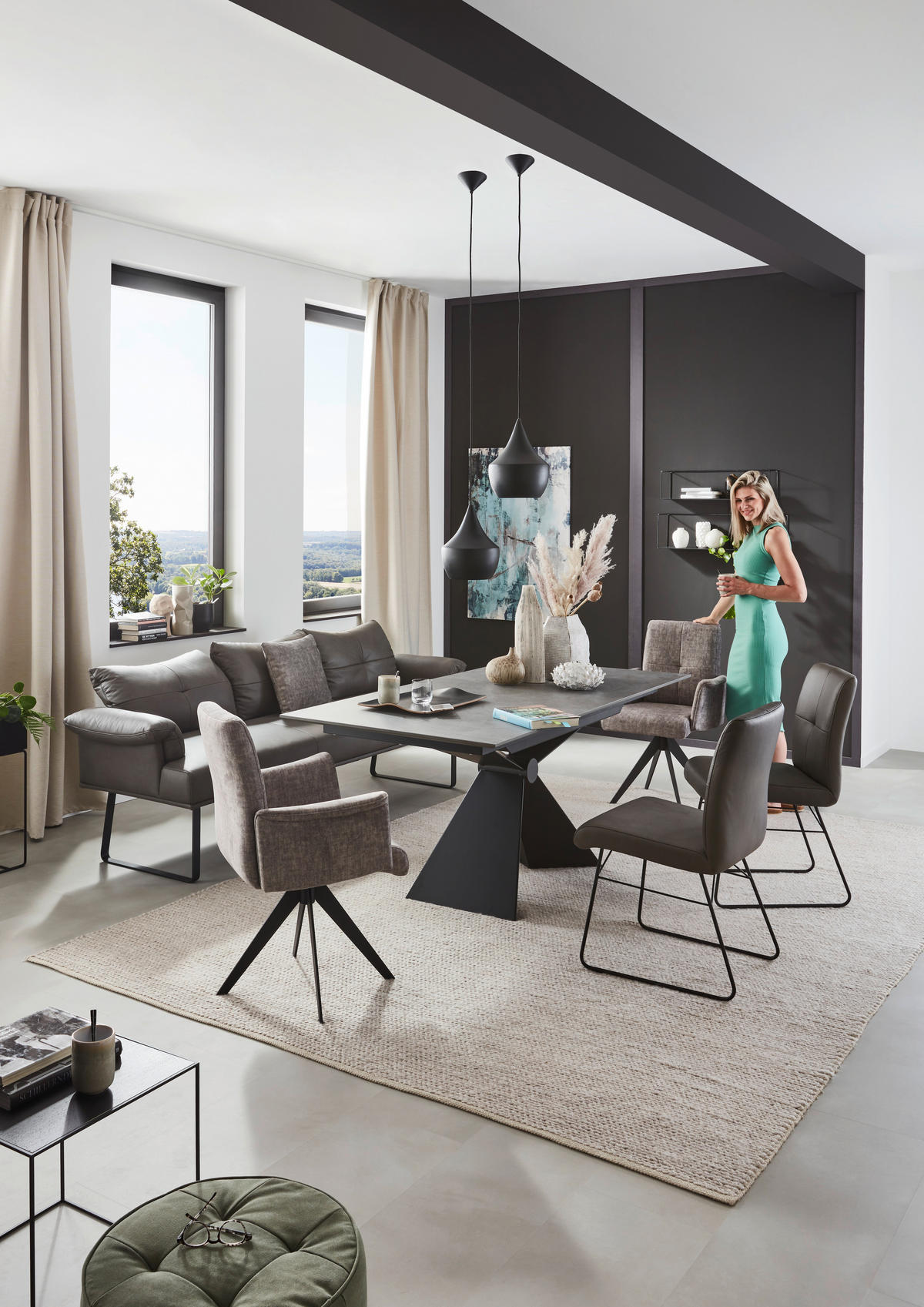 ESSTISCH in Metall, Keramik 180/90/77 cm  - Schwarz/Grau, Design, Keramik/Metall (180/90/77cm) - Dieter Knoll