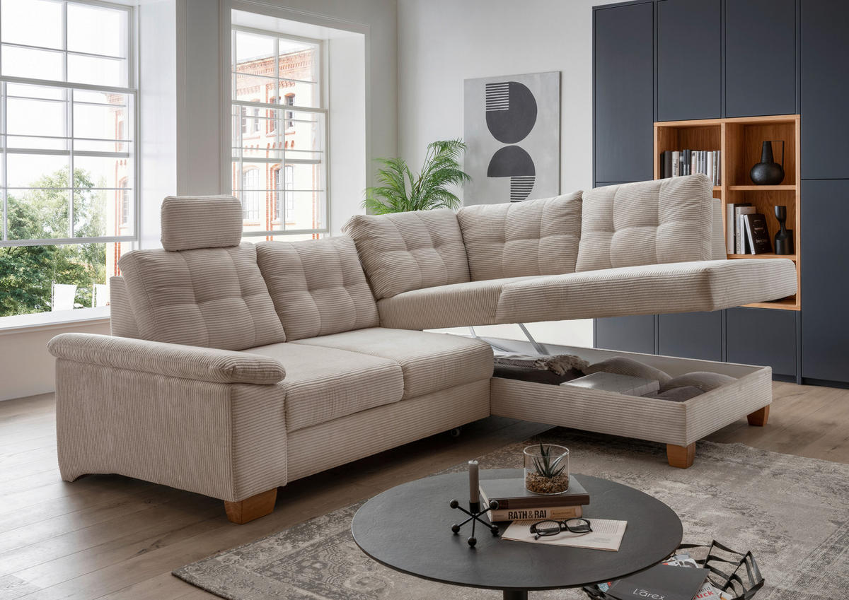 ECKSOFA in Cord Beige  - Beige/Naturfarben, Modern, Holz/Textil (274/206cm) - Livetastic
