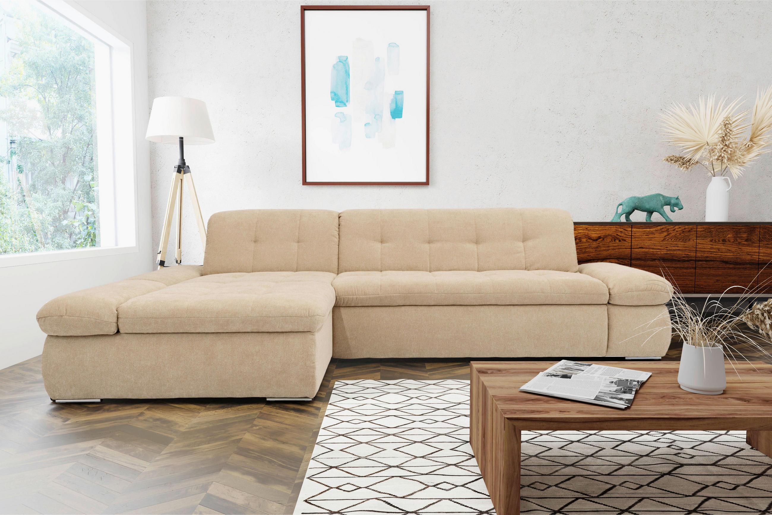 ECKSOFA Beige Mikrofaser  - Chromfarben/Beige, KONVENTIONELL, Textil/Metall (172/300cm) - MID.YOU