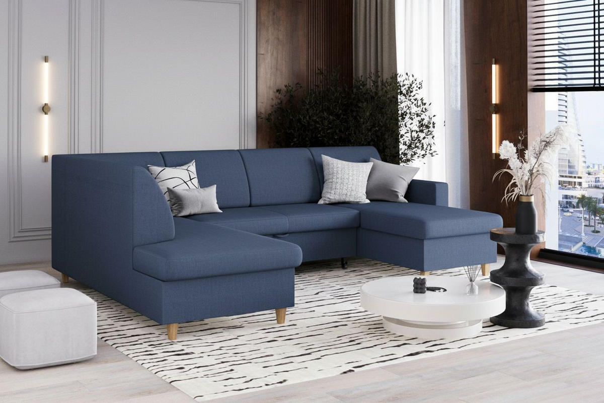 WOHNLANDSCHAFT NIKAS Blau Bouclé  - Blau/Buchefarben, Design, Holz/Textil (310/198/145cm) - MID.YOU