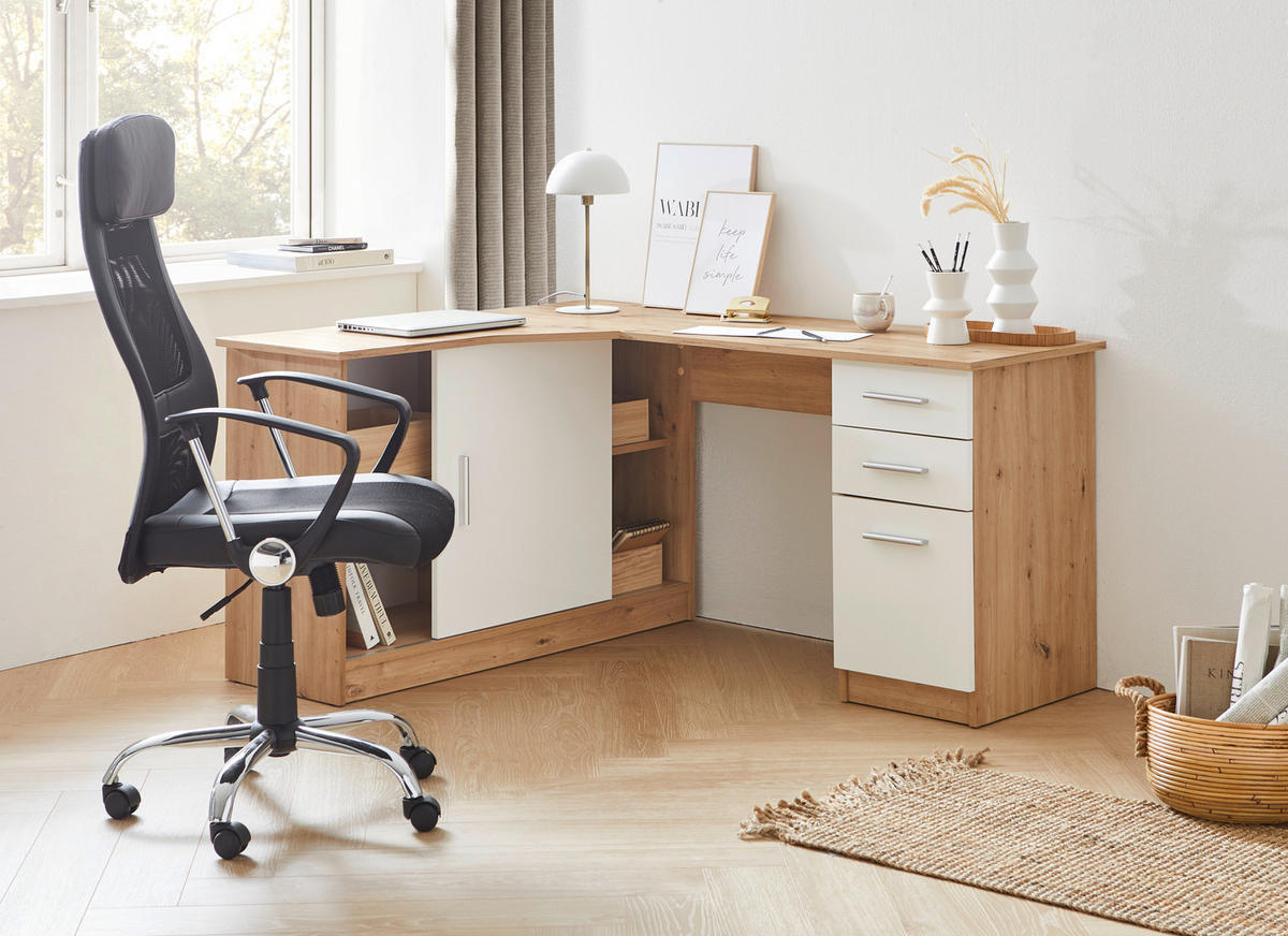 ECKSCHREIBTISCH 120/150/75 cm  in Weiß, Eichefarben  - Eichefarben/Alufarben, KONVENTIONELL, Holzwerkstoff/Kunststoff (120/150/75cm) - Venda