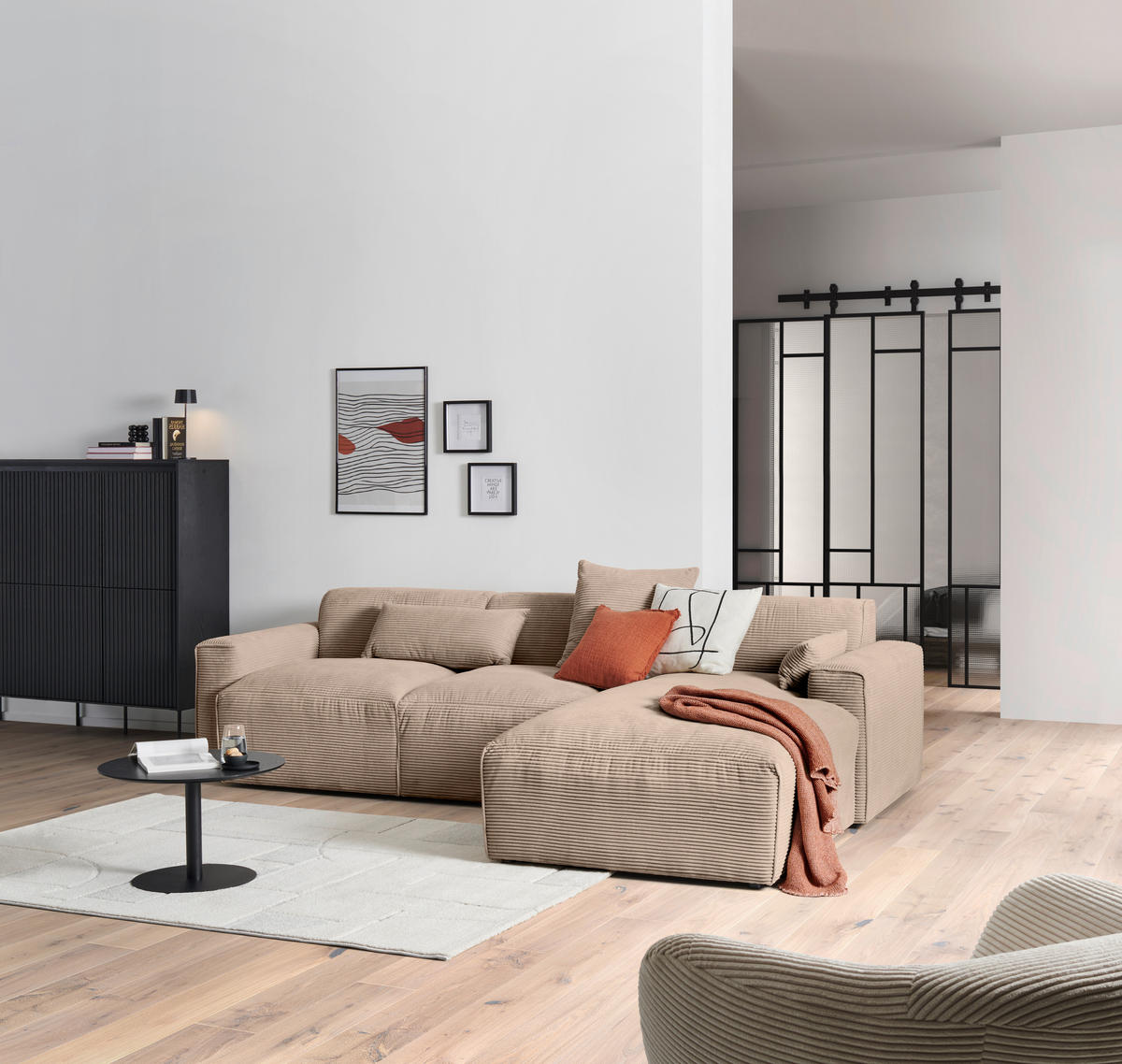 ECKSOFA Hellbraun Cord  - Hellbraun/Schwarz, Design, Kunststoff/Textil (303/196cm) - Livetastic