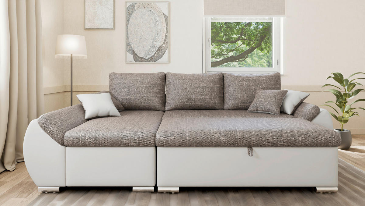 ECKSOFA  AURO Braun, Weiß  - Silberfarben/Braun, Design, Kunststoff/Textil (275/155cm) - MID.YOU