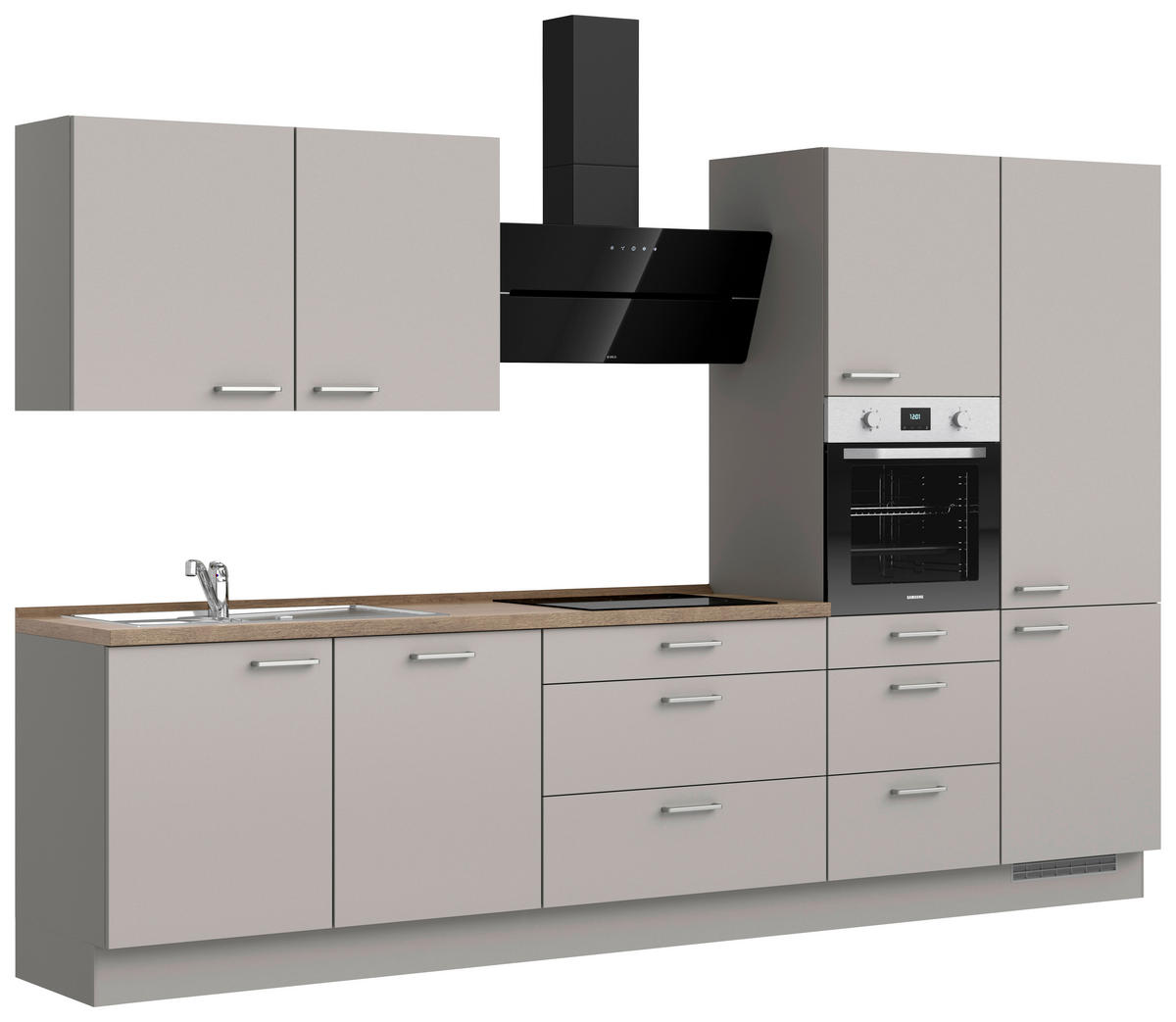 KÜCHENBLOCK 330 cm   in Grau, Eiche dunkel  - Eiche dunkel/Edelstahlfarben, MODERN, Holzwerkstoff/Metall (330cm) - Nobilia