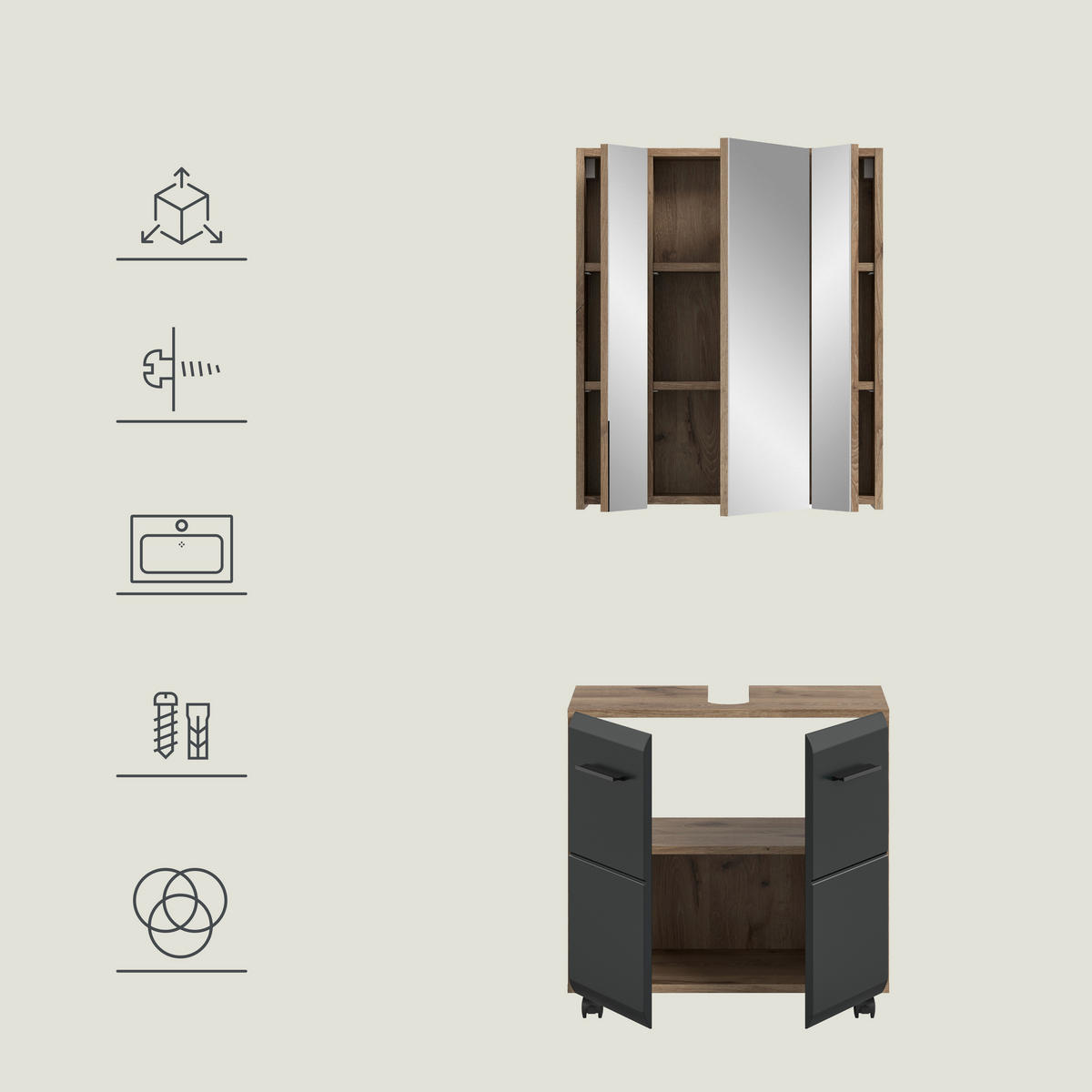 BADEZIMMER 2-teilig  in 60 cm  - Eiche dunkel/Schwarz, Trend, Glas/Holzwerkstoff (60cm) - MID.YOU