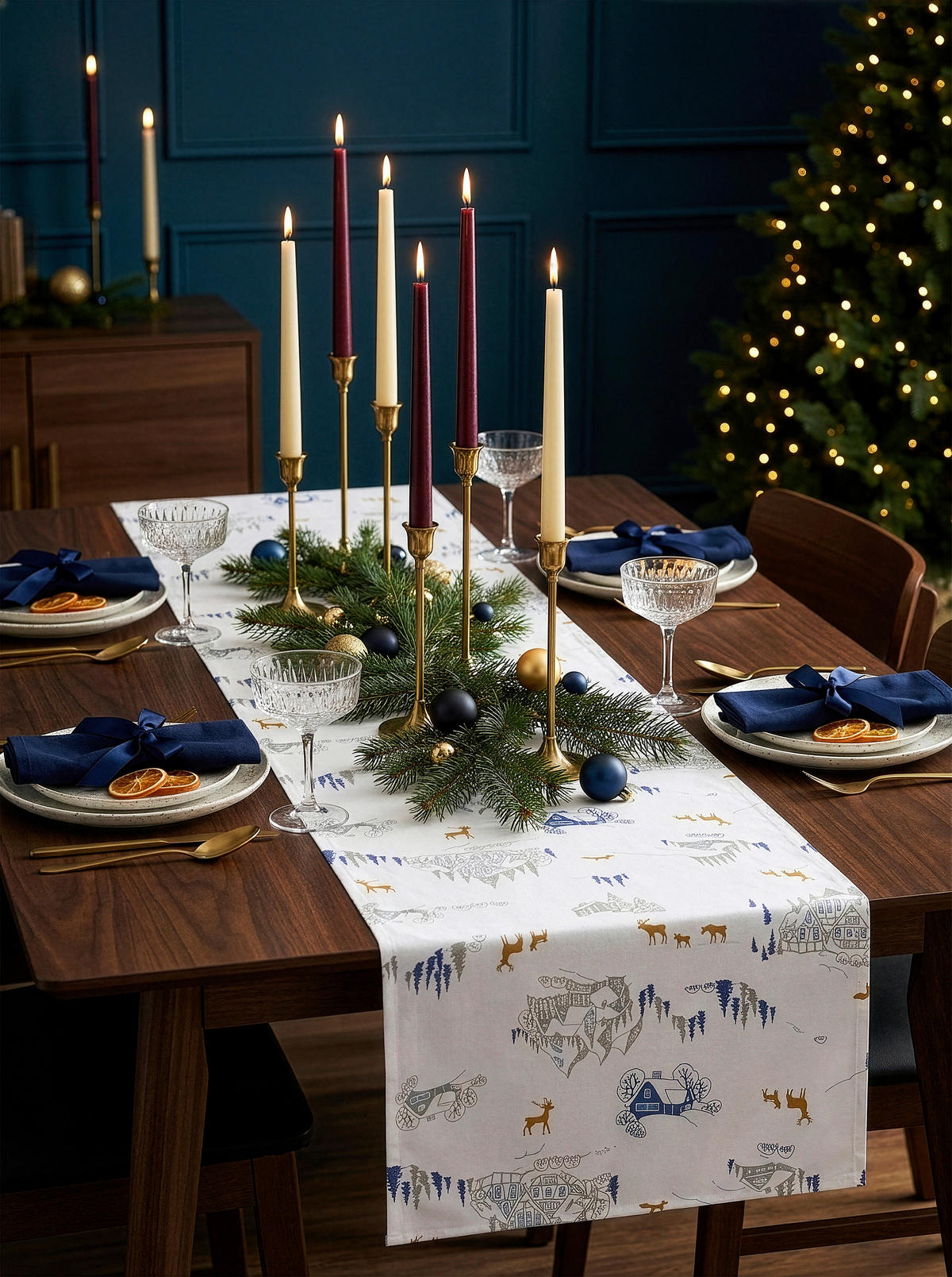 TISCHLÄUFER Textil Blau, Weiß, Goldfarben 45/140 cm  - Blau/Goldfarben, Design, Textil (45/140cm) - X-Mas