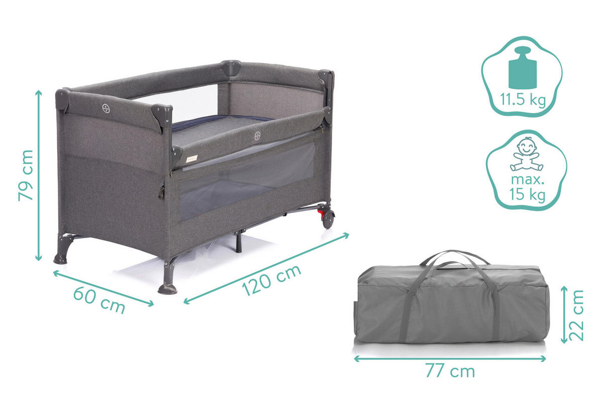 REISEBETT VARIANT   - Grau, Basics, Textil/Metall (125/65cm) - Jimmylee