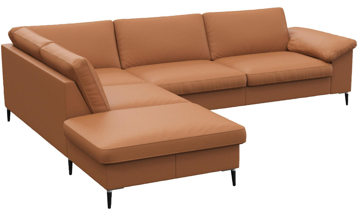 ECKSOFA Cognac Echtleder  - Cognac/Schwarz, Design, Leder/Metall (225/279cm) - Livetastic