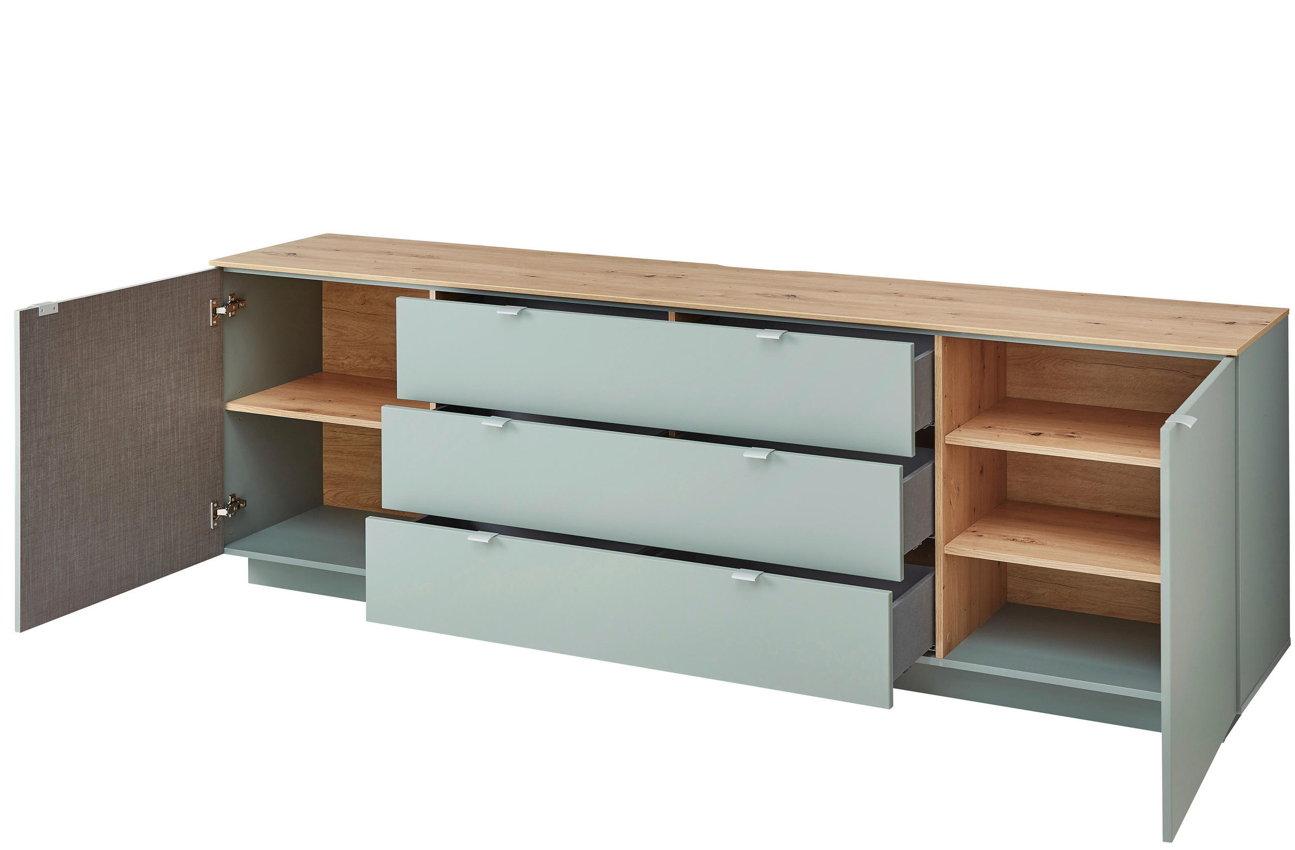 ŠIROKÁ KOMODA, mátově zelená, dub artisan, 240/77/44 cm - bílá/barvy stříbra, Moderní, kov/kompozitní dřevo (240/77/44cm) - Hom`in