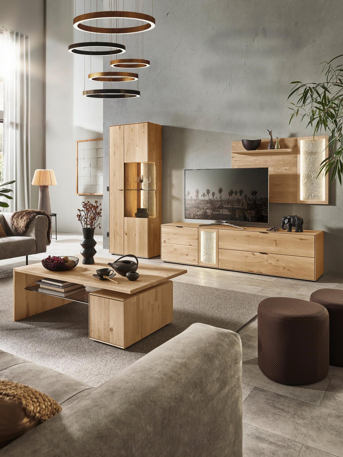 WOHNWAND  in Wildeiche  322,4/205,5/45,2 cm    - Wildeiche/Schwarz, Natur, Glas/Holz (322,4/205,5/45,2cm) - Valnatura