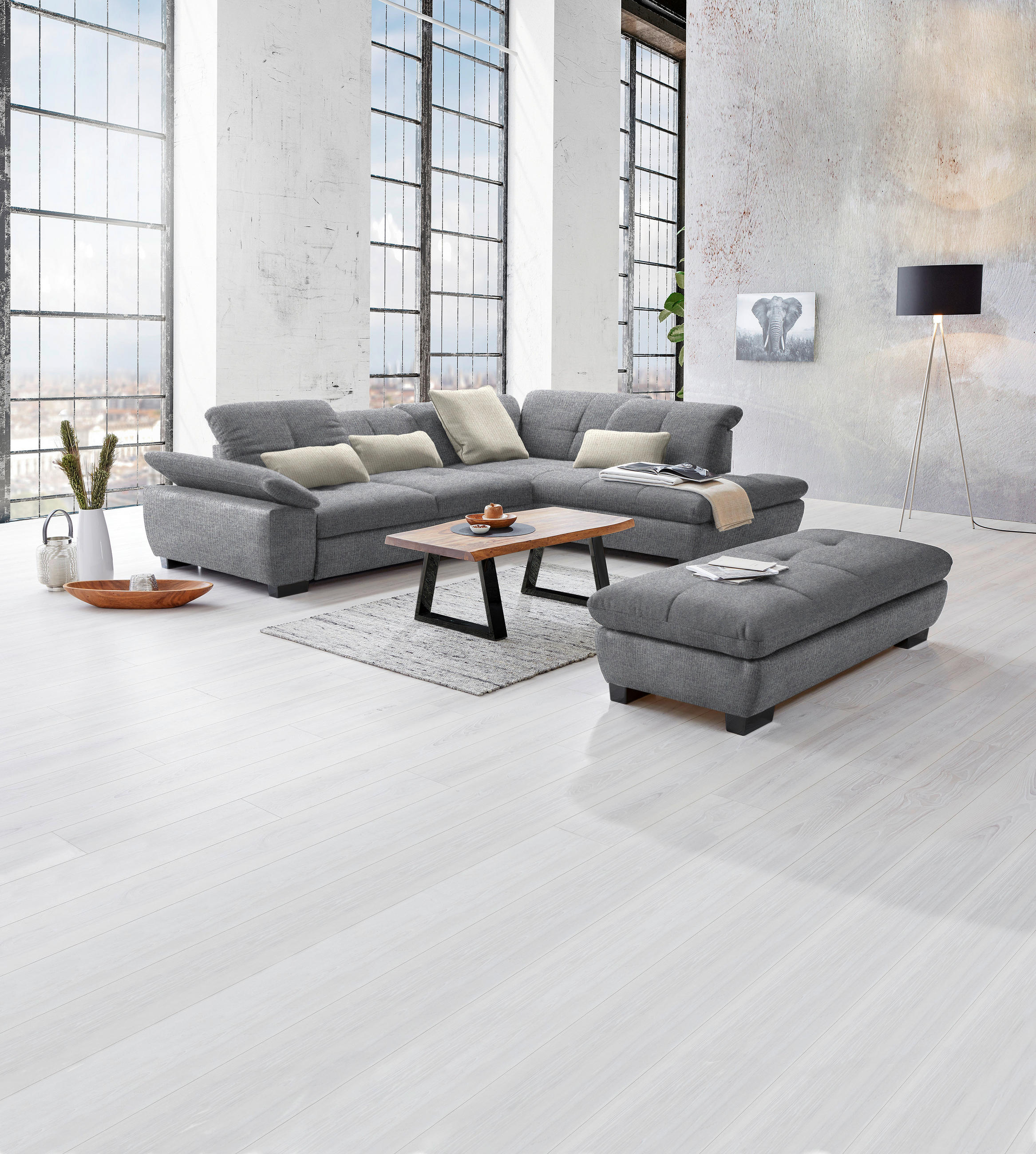 ECKSOFA in Flachgewebe Grau  - Schwarz/Grau, Design, Textil/Metall (313/242cm) - Xora