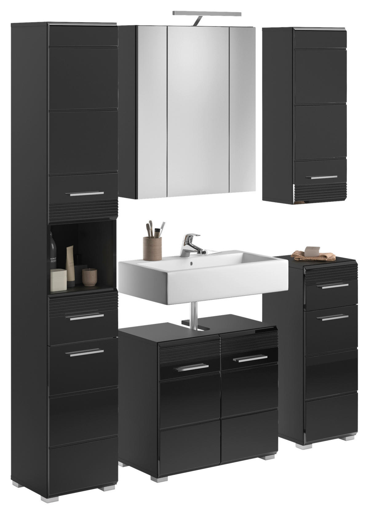 BADEZIMMER 5-teilig  in 120 cm  - Schwarz Hochglanz/Silberfarben, MODERN, Glas/Holzwerkstoff (120cm) - MID.YOU