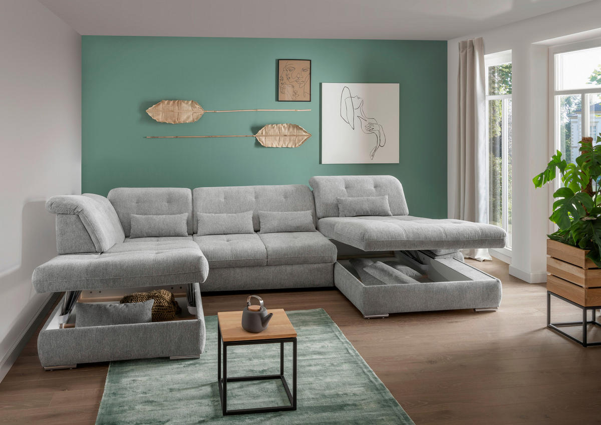 WOHNLANDSCHAFT Silberfarben Chenille  - Chromfarben/Silberfarben, Design, Textil/Metall (254/376/195cm) - Livetastic
