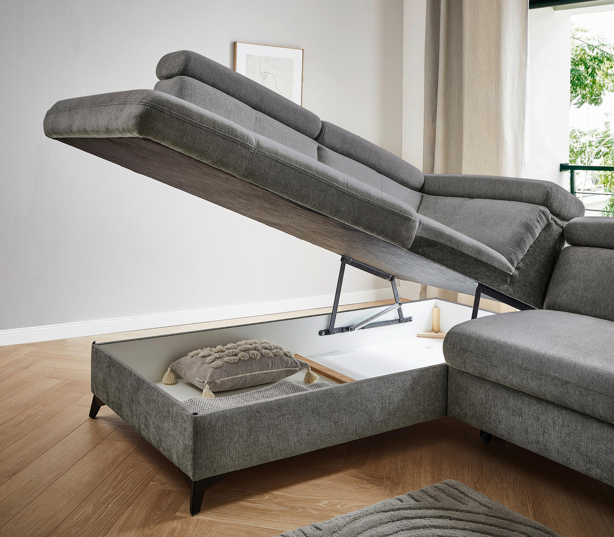 Ecksofa inkl. Funktionen in Chenille Anthrazit  - Anthrazit/Schwarz, Design, Textil/Metall (203/260cm) - Stylife