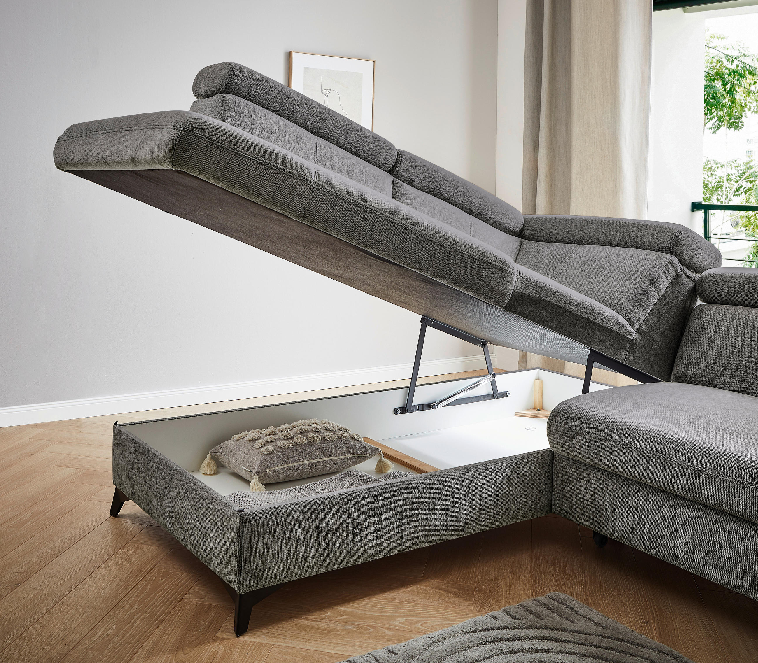 Thumbnail - Stylife Ecksofa Prag, Anthrazit, Textil, 5-Sitzer, Ottomane links, L-Form, 260x203 cm, Stoffauswahl, seitenverkehrt erhä...